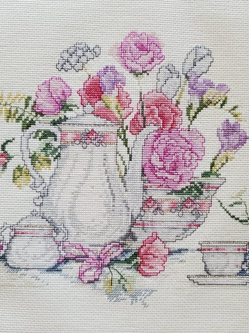 Roses Teapot Finished Cross Stitch Floral Tea Picture Donna Vermillion Giampa